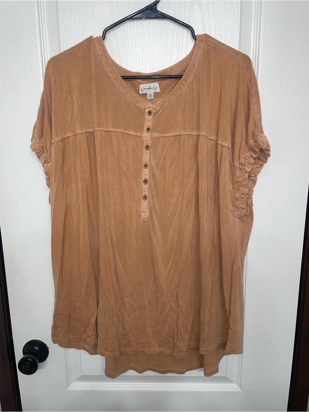 Wonderly Short-Sleeve Button Front Top in Camel Brown